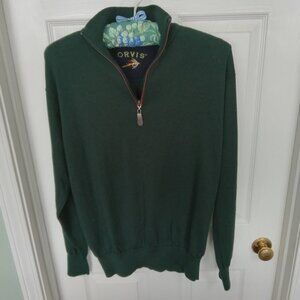 Orvis 100% MERINO WOOL Forest Green 1/4-Zip Sweater w/Leather Zipper Trim